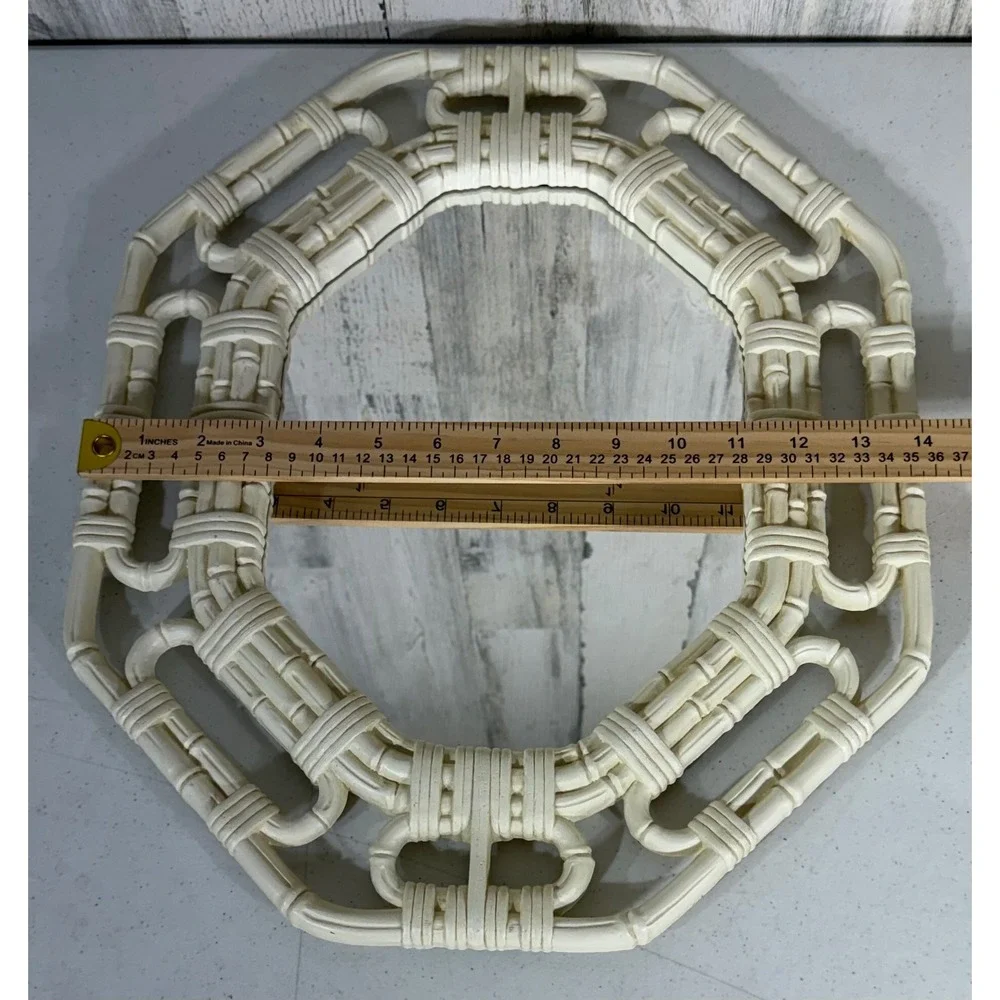 Homco Wall Mirror 17x14 Cream Faux Bamboo Octagon Vintage 1983 USA Boho Cottage